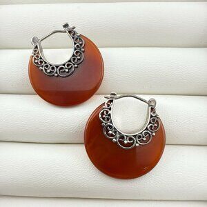 Vintage Carnelian Sterling Silver Earrings Hoop Filagree Meran 925 Designer  1"